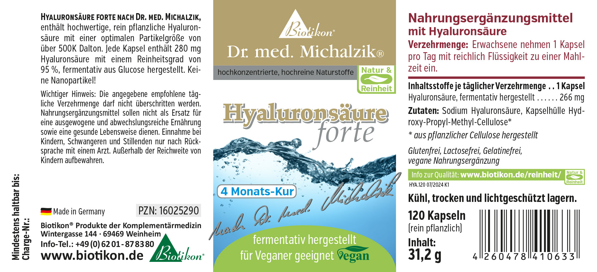 Hyaluronic Acid Forte – 120 Capsules Hyaluronic acid supplement, 120 vegetarian capsules, blue-green packaging, viewed from the side.