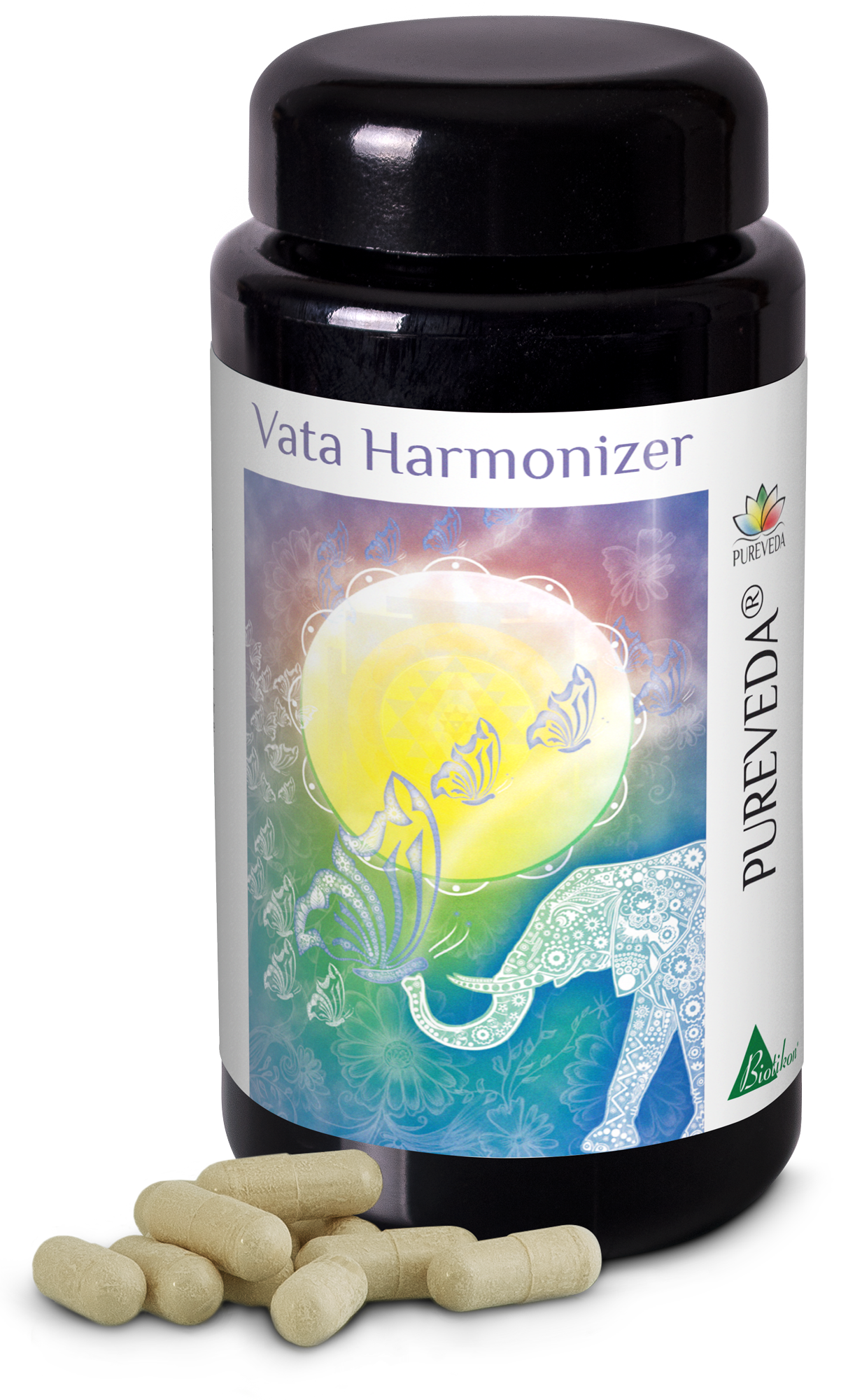 Vata Harmonizer – Capsules Black bottle with Vata Harmonizer capsules, 60 capsules total, beige capsules on the table.