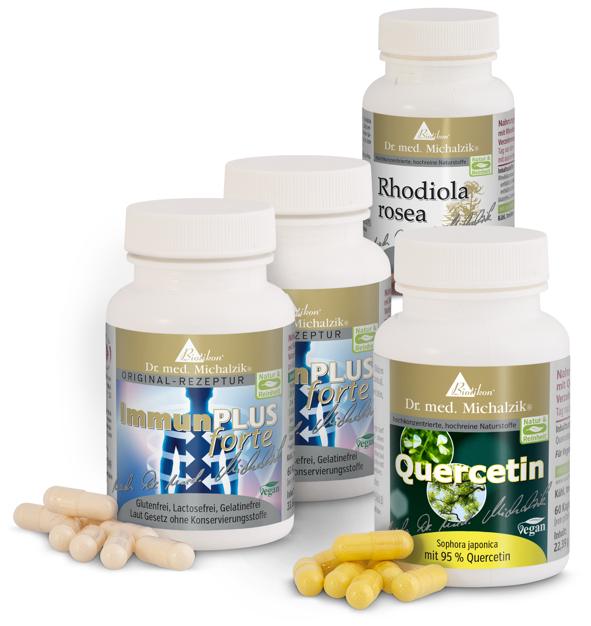 ImmunPLUS Forte - 360 Capsules ImmunPLUS Forte capsules in white packaging, 360 pieces, gluten-free and gelatin-free, alongside Quercetin capsules.