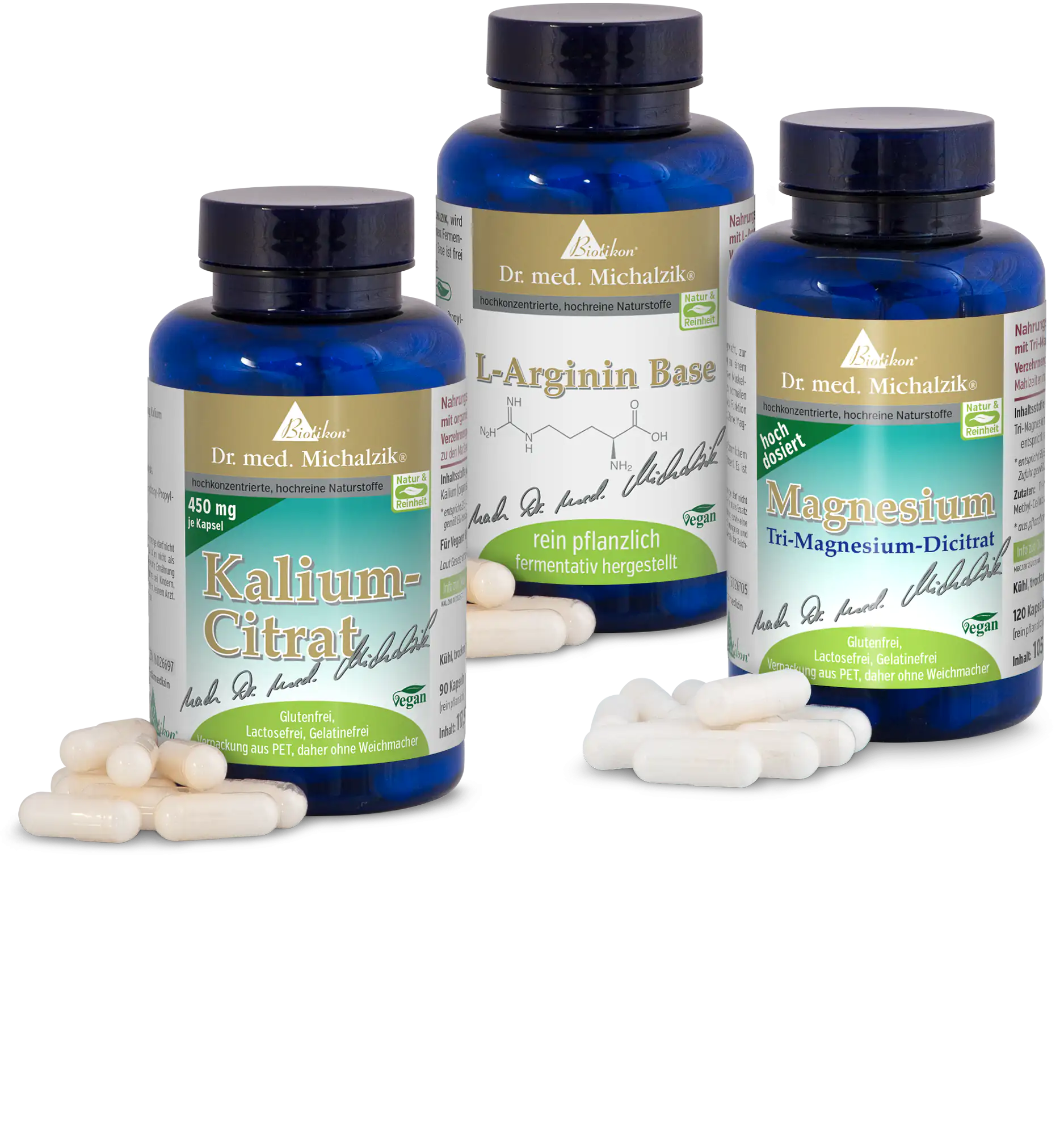 Potassium Citrate 450 mg – Capsules Three bottles of dietary supplements: Potassium Citrate, L-Arginine Base, Magnesium, with capsules and a view of the labels.