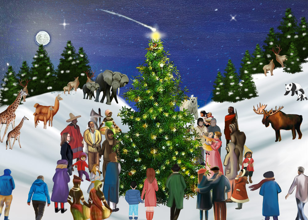 Christmas Scenes – Illustration with Animals Colorful Christmas illustration featuring a large decorated tree, several people, and various animals in the snow under a night sky.