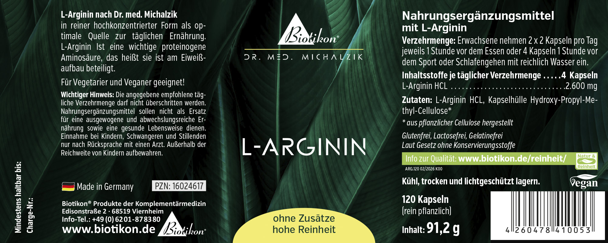 L-Arginine dietary supplement, 120 capsules, gluten-free and lactose-free, white packaging with organic detail label.