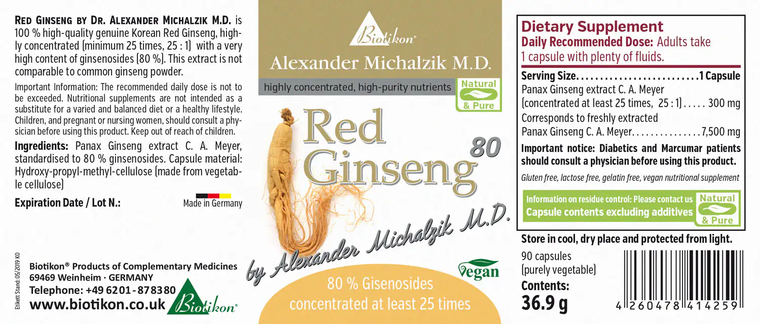 Red Ginseng 300 mg – Capsules 90 capsules with 80% ginsenosides, in a white package, on a light background.