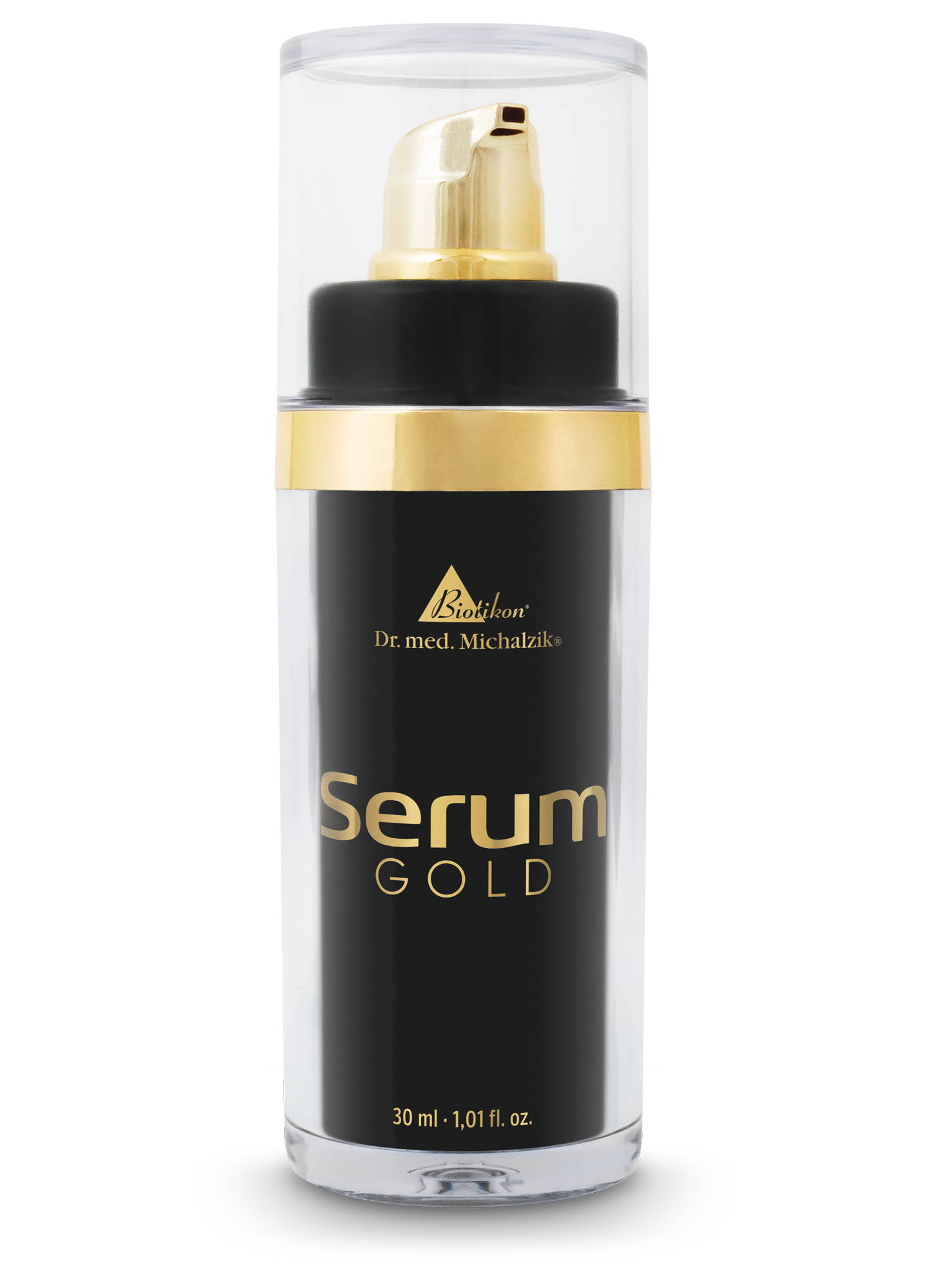 Gold Face Serum - 30 ml Gold face serum in a black bottle, 30 ml, with gold accents and a pump dispenser.
