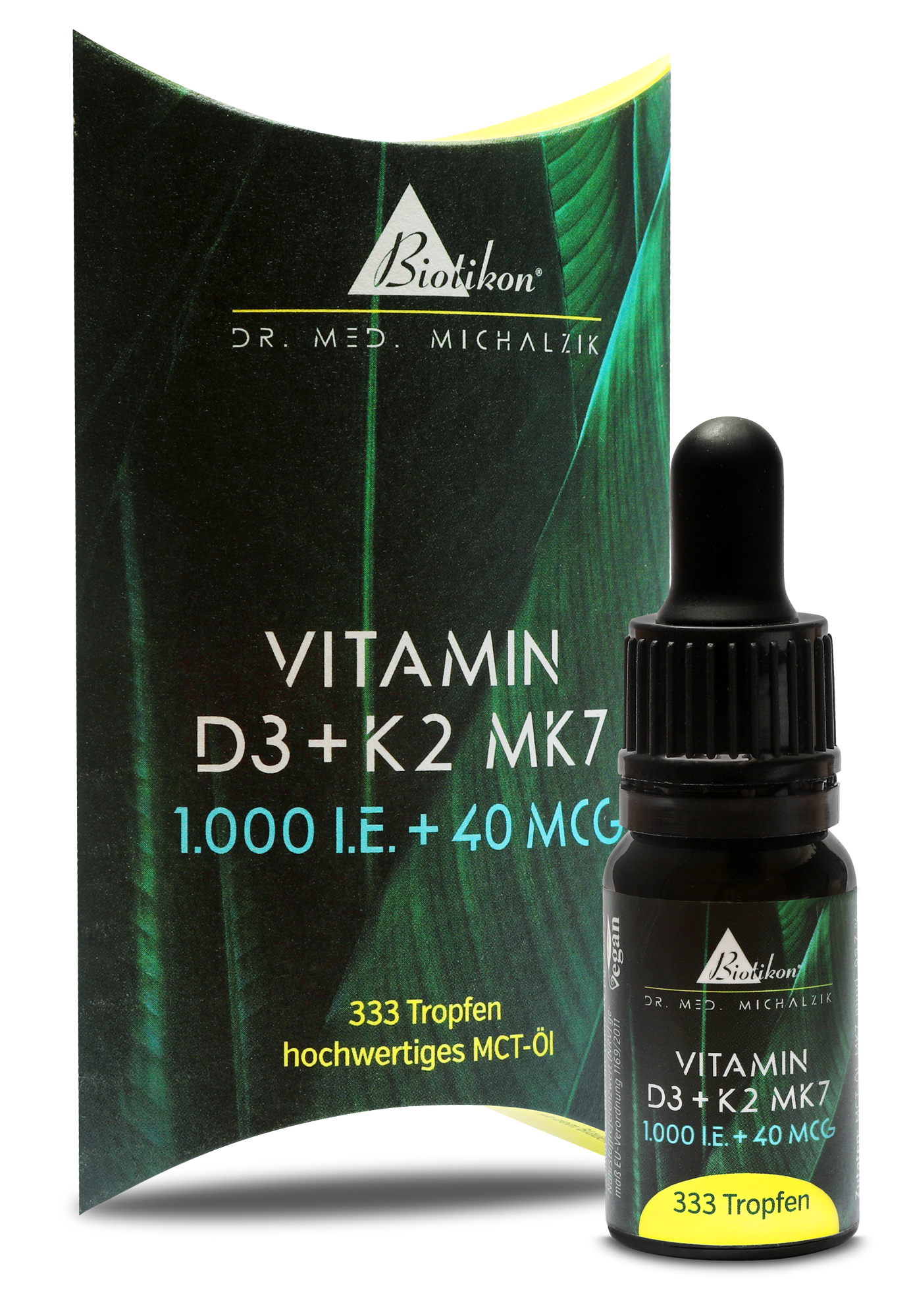 Vitamin D3 K2 MK7 1000 I.E. – Drops Vitamin D3 and K2 MK7, 333 drops in a dark dropper bottle, surrounded by colorful packaging.