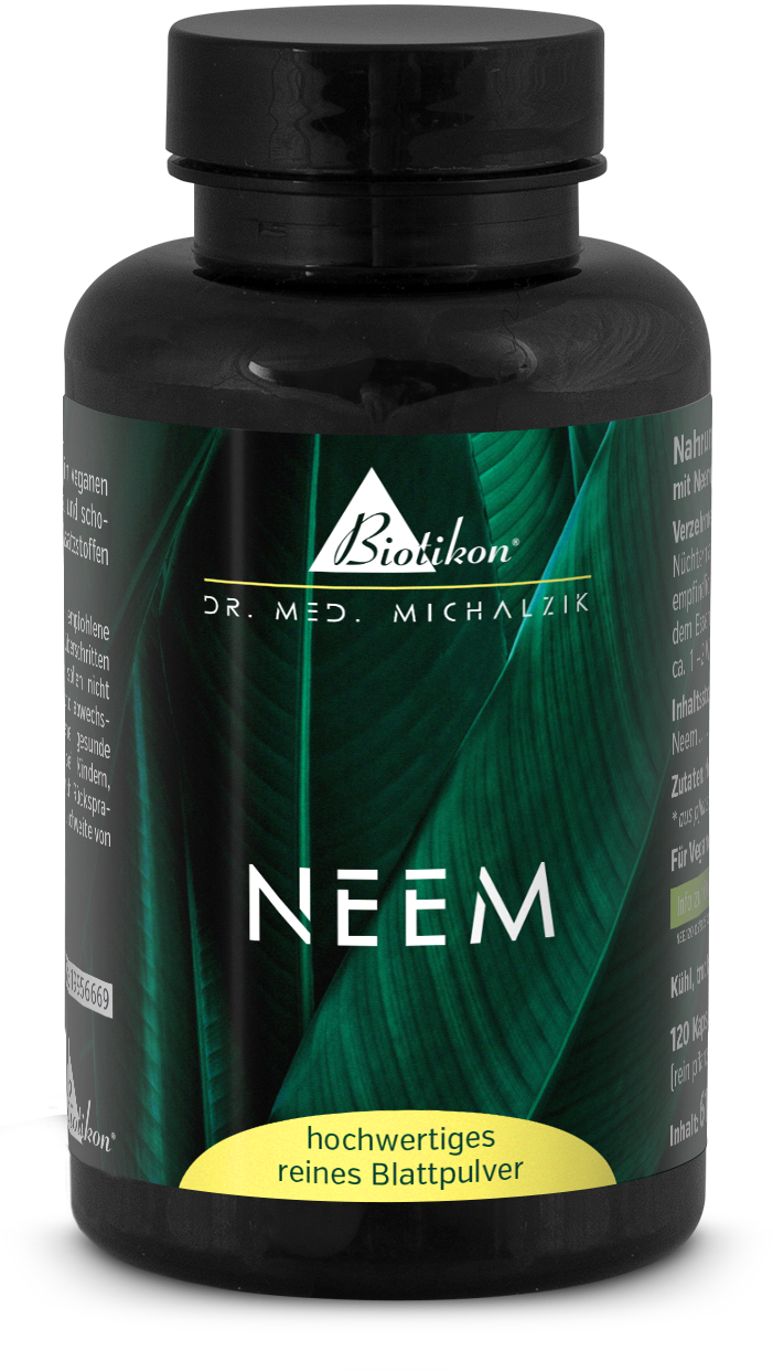 Neem Leaf Powder 120 Capsules - High Quality Neem leaf powder capsules in a black bottle, 120 pieces, green leaves in the background.