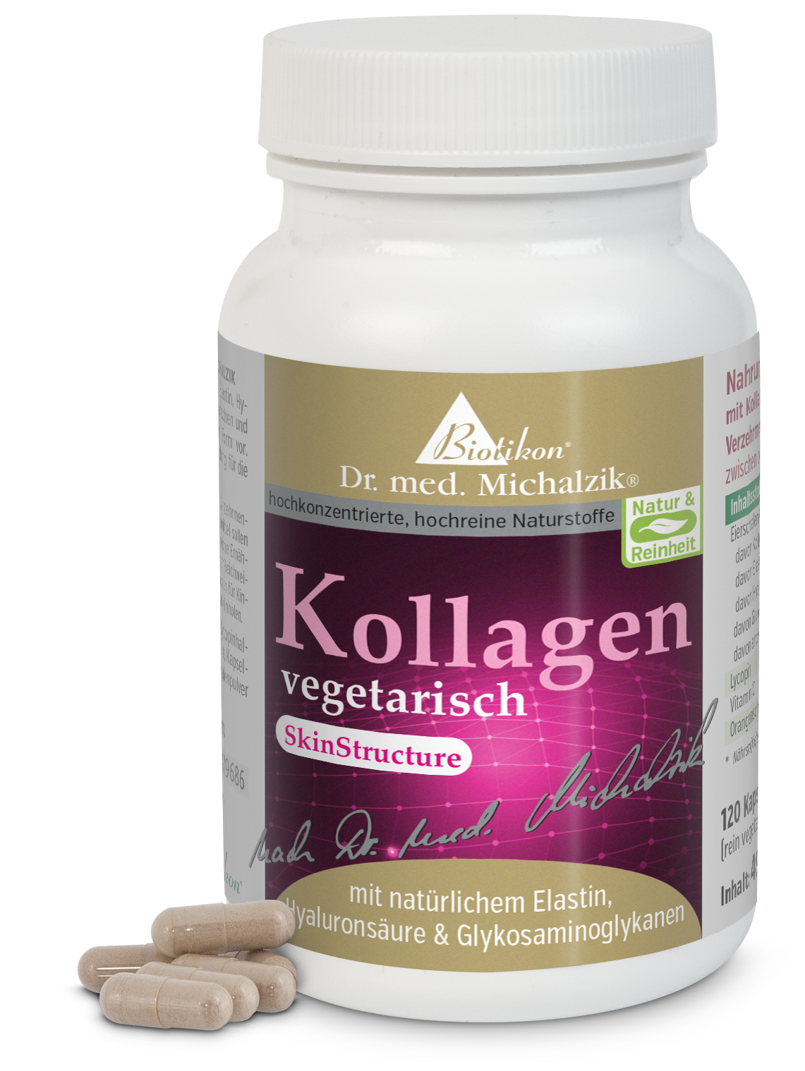 Vegetarian Collagen 120 Capsules Contains 120 vegetarian capsules, beige, in a round white container with a label.