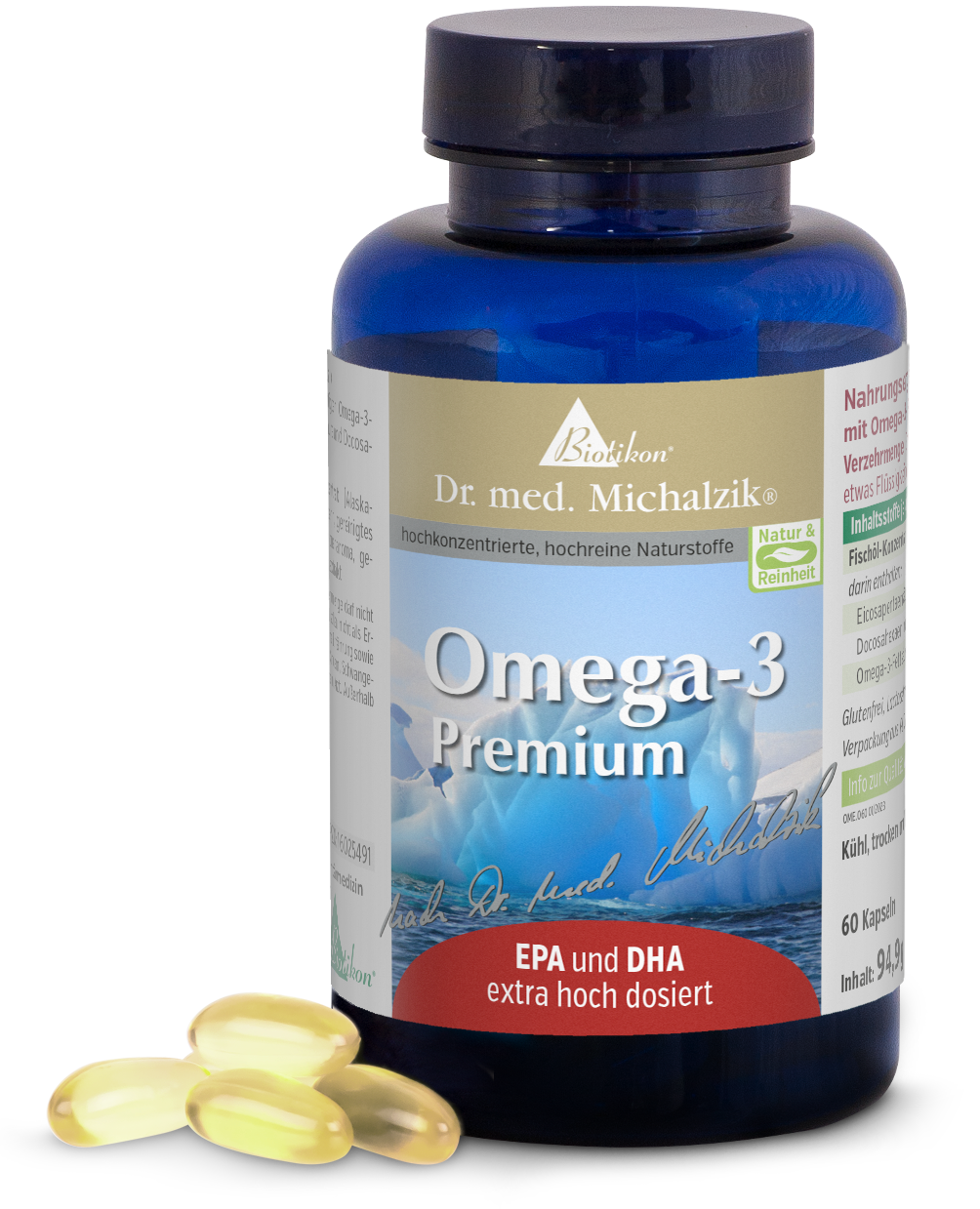 Omega-3 Premium – 60 Capsules Bottle of Omega-3 capsules, blue, 60 pieces, perspective view. Capsules are beige.
