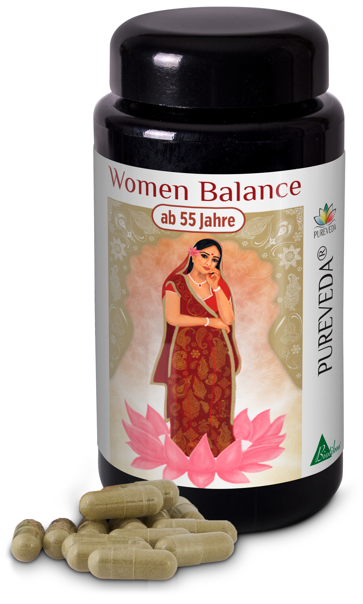 Women Balance Capsules for Ages 55 and Up Dark brown bottle with 60 capsules for women 55 and older, featuring decorative packaging.