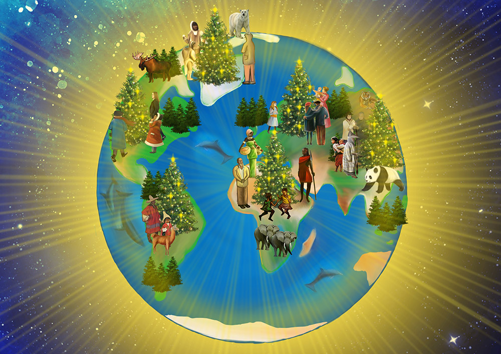 World Map with Christmas Trees - Festive Display Colorful world map featuring Christmas trees, animals, and human figures from various cultures against a bright background.