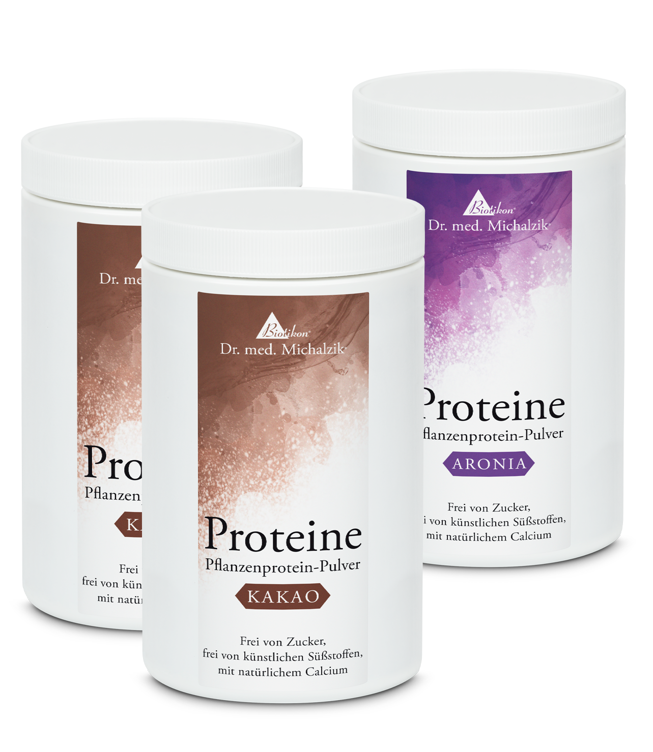Plant Protein Powder - Cocoa Flavor 300 g Three cans of plant protein powder in cocoa and aronia flavor, each 300 g, with white lids.