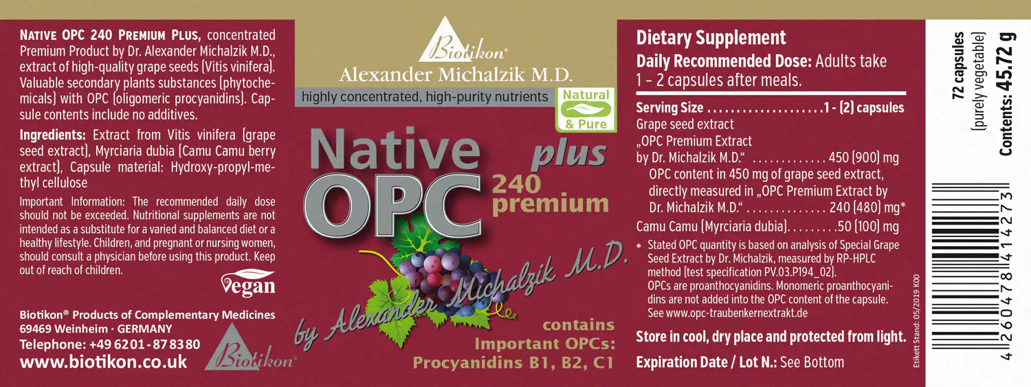 Native OPC 240 Premium Plus – 72 Capsules Vegan capsules with grape seed extract, 72 in red packaging, neutral background.