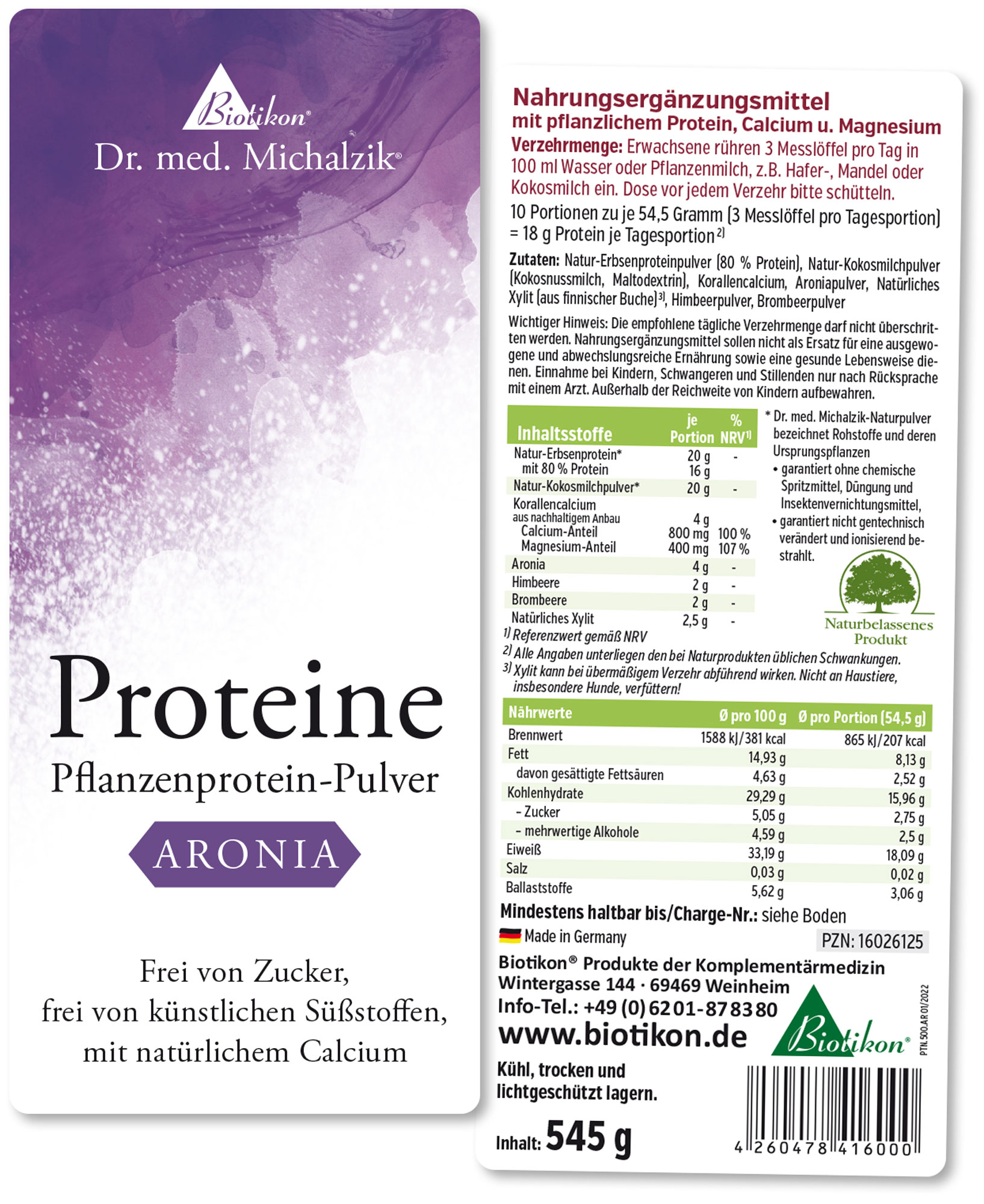 Protein 545 g – Plant-Based Protein Powder Plant-based protein powder with Aronia, 545 g packaging, violet background, side view