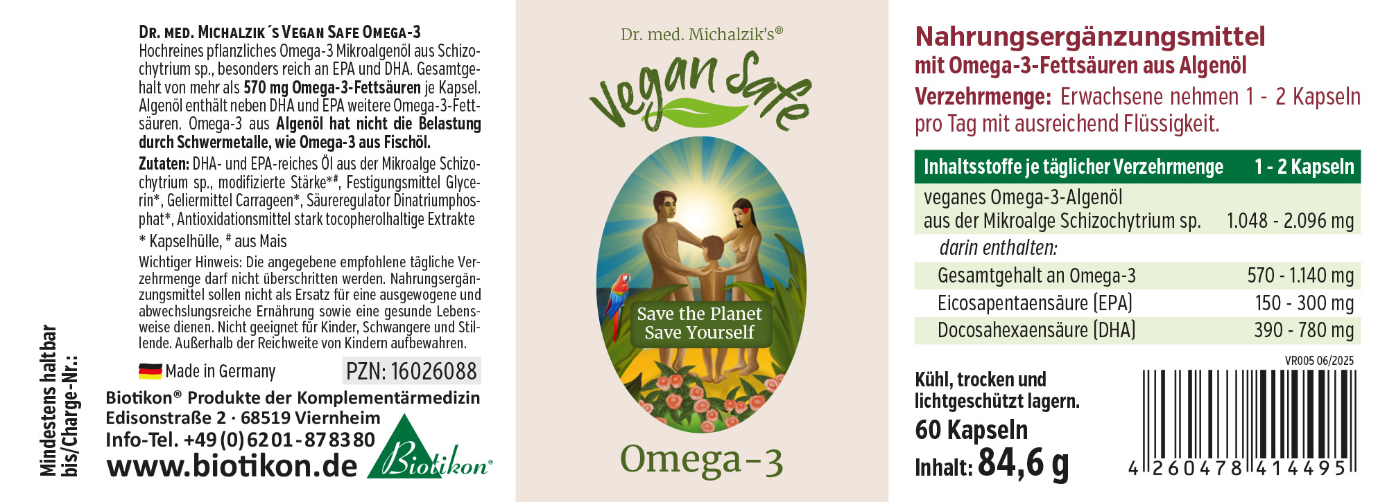 Omega-3 Algal Oil 60 Capsules - Vegan Vegan Omega-3 algal oil in 60 capsules, green packaging, informative display.
