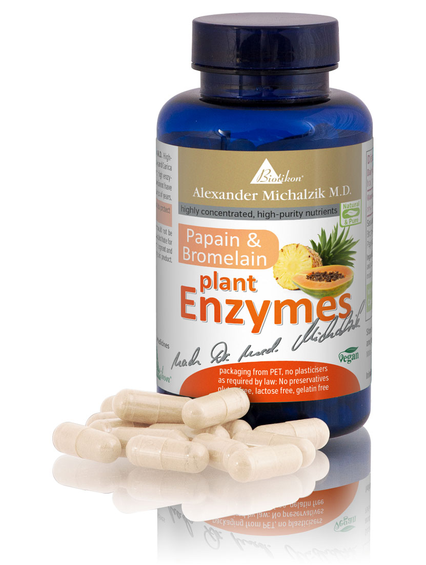 Papain & Bromelain – Plant Enzyme Capsules Blue bottle with plant-based enzymes, capsules, 90 pieces, natural ingredients, vegan formula.