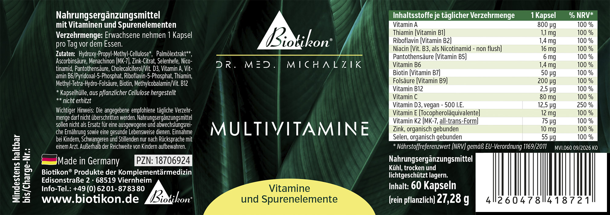 Package containing 60 capsules of vegan multivitamins