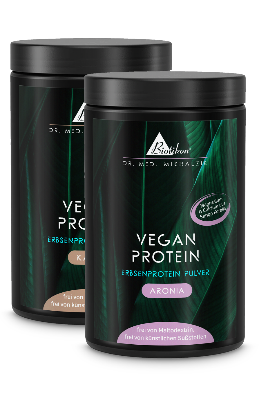 Two cans of plant-based protein powder in white, flavors of Aronia and cocoa, 400 g.
