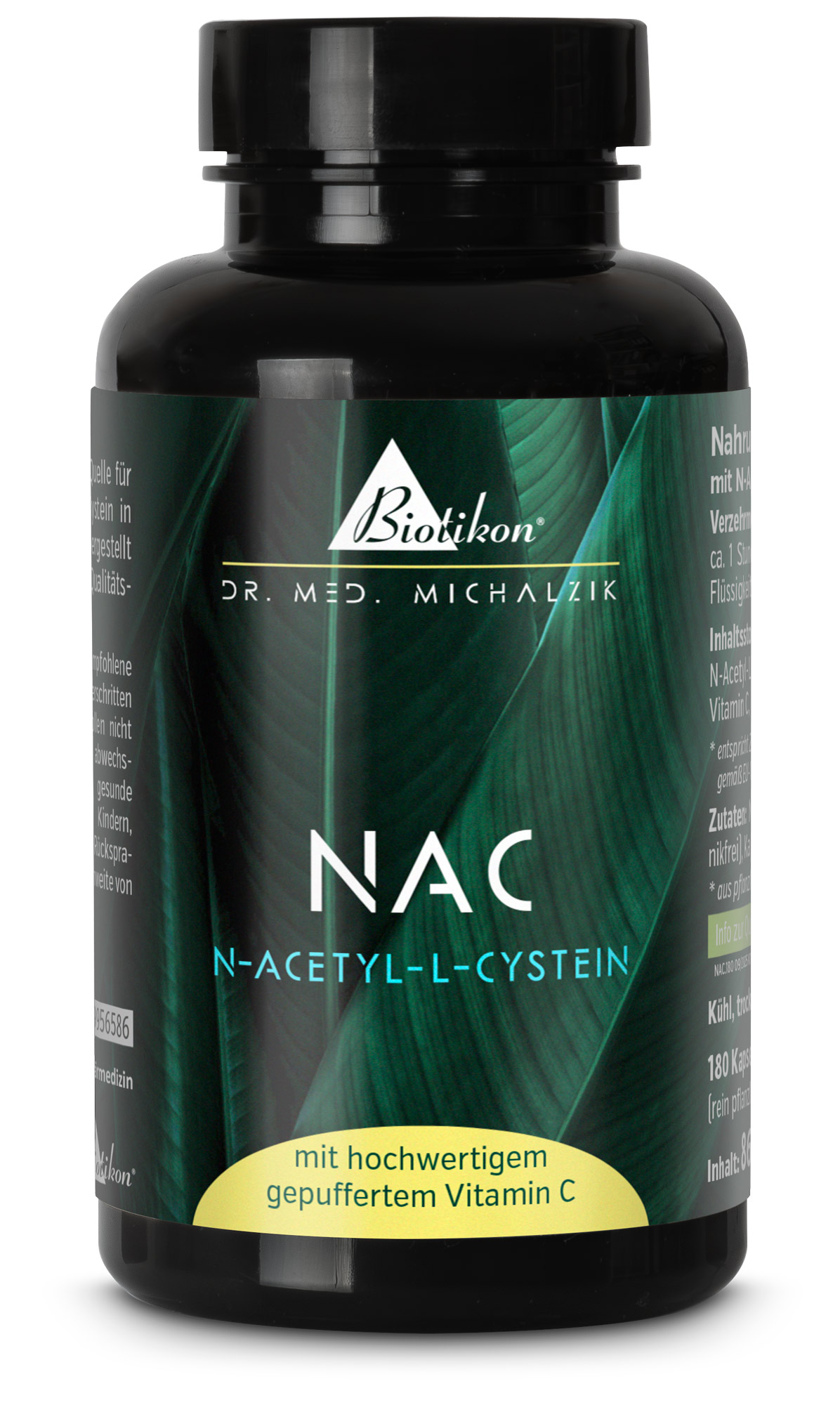 Black capsule bottle containing N-Acetyl-L-Cysteine, 180 supplements, high purity, no additives, green leaf design.