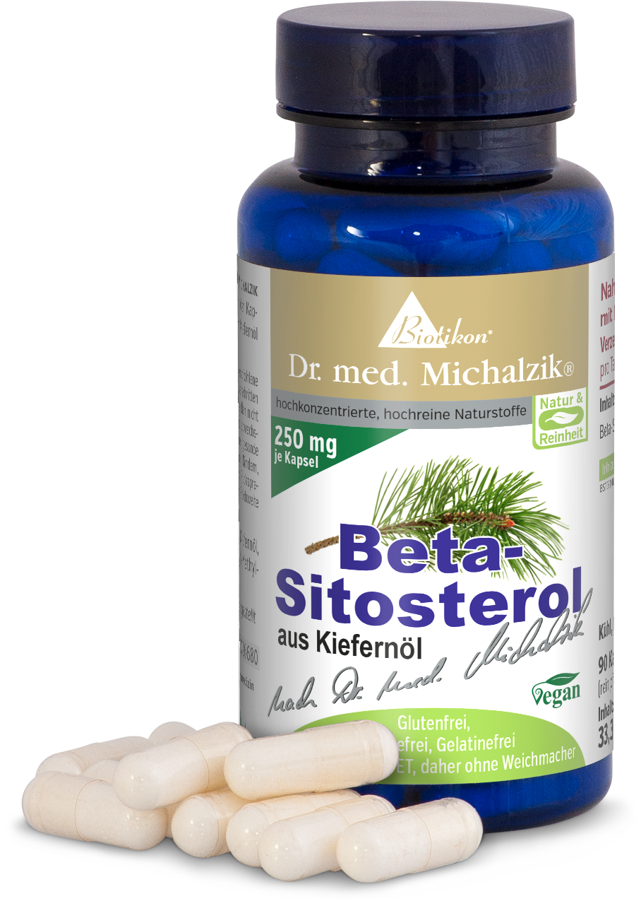 Beta-Sitosterol 250 mg – Capsules Beta-Sitosterol from pine oil, 90 capsules in blue bottle, focused on capsules, vegan, gluten-free.