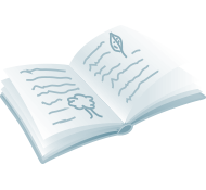 An open book with sketches of leaves and trees, on a light blue background.