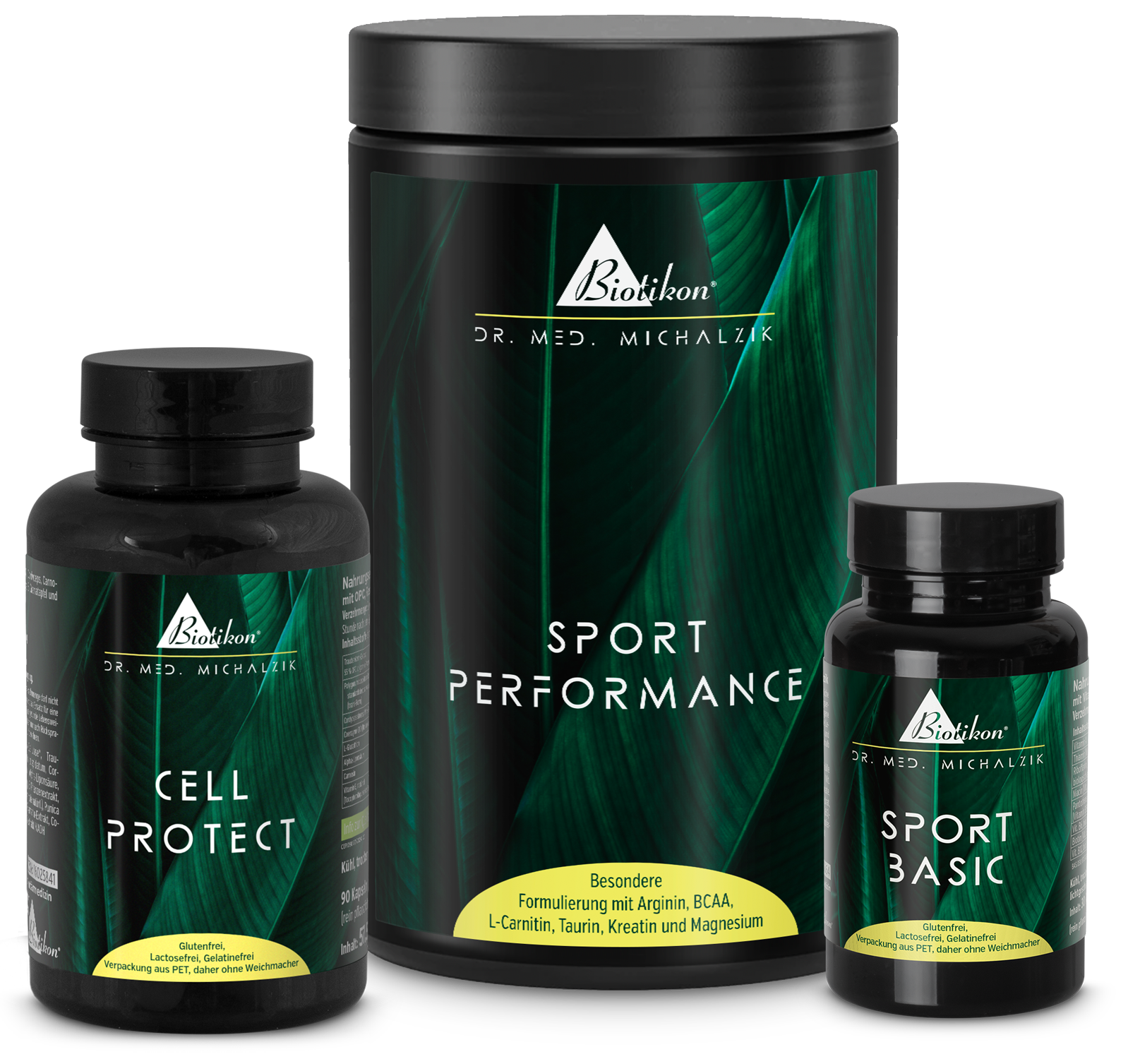 Sport Performance Powder 300 g Three supplements: Cell Protect Capsules, Sport Performance Powder 300 g, and Sport Basic Capsules, all in black packaging.