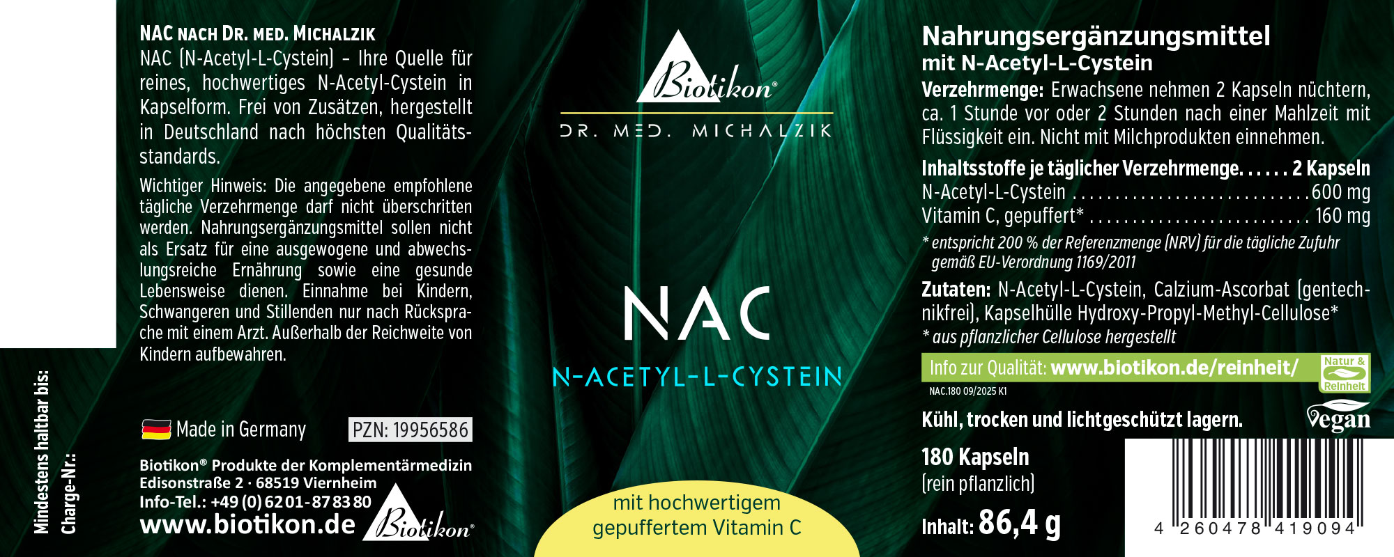 NAC N-Acetyl-L-Cysteine in dark packaging, 180 capsules, high-quality vegan capsules, made in Germany.