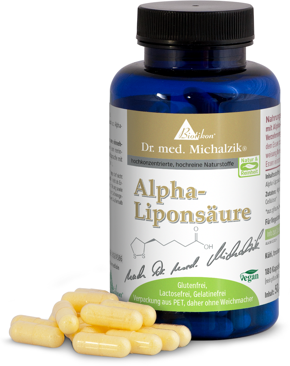Alpha Lipoic Acid 180 Capsules - Vegan Blue plastic bottle with 180 yellowish vegan capsules on a light background.
