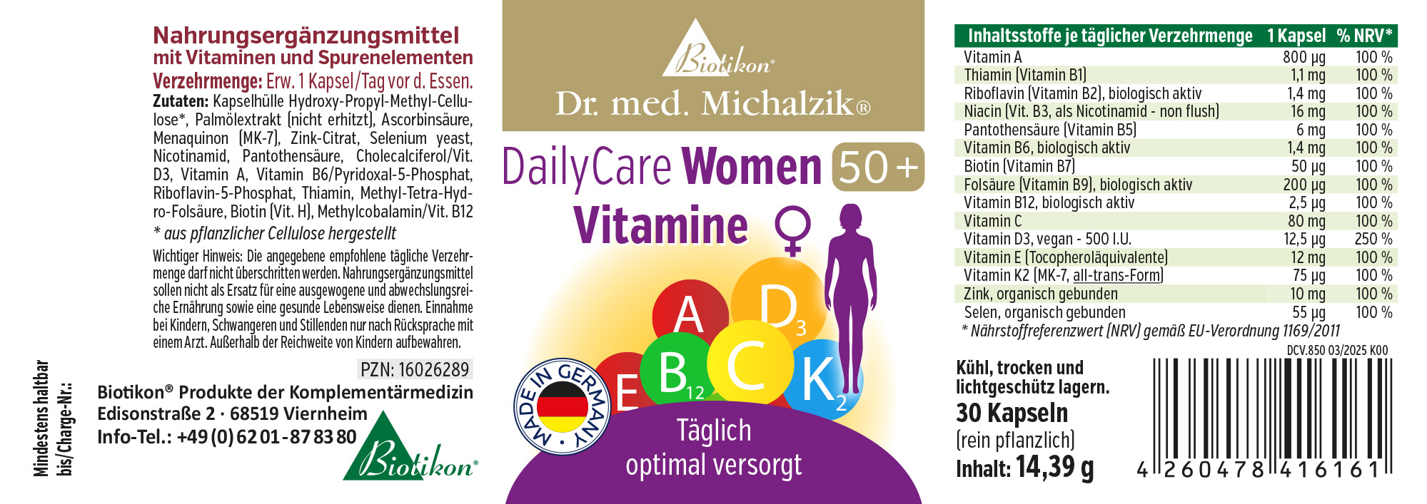 DailyCare Women 50+ – Vitamin Capsules Dietary supplement in capsule form, 30 capsules, multiple vitamins, 14.39 g content, displayed in bright colors.