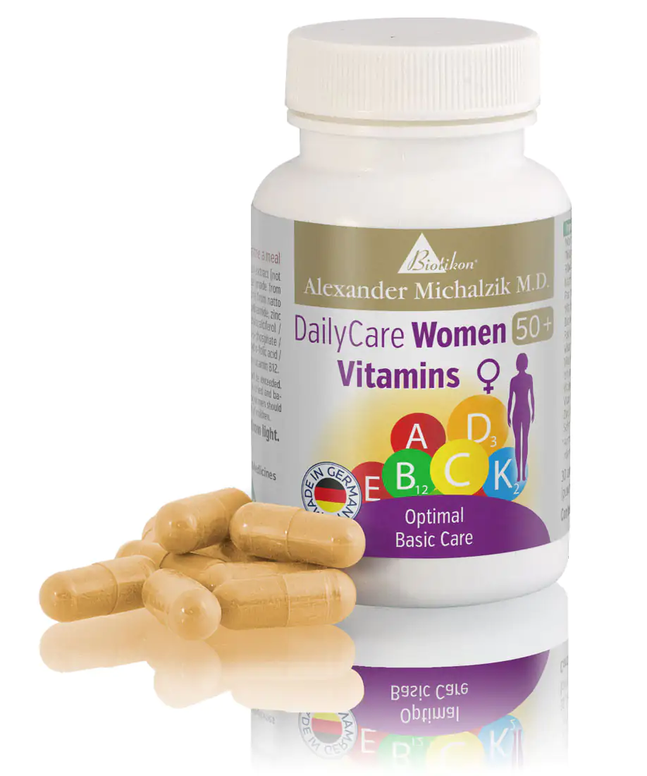 Vitamin Complex Women 50+ – Capsules Bottle of dietary supplements, capsules for women over 50, beige capsules, visible support.