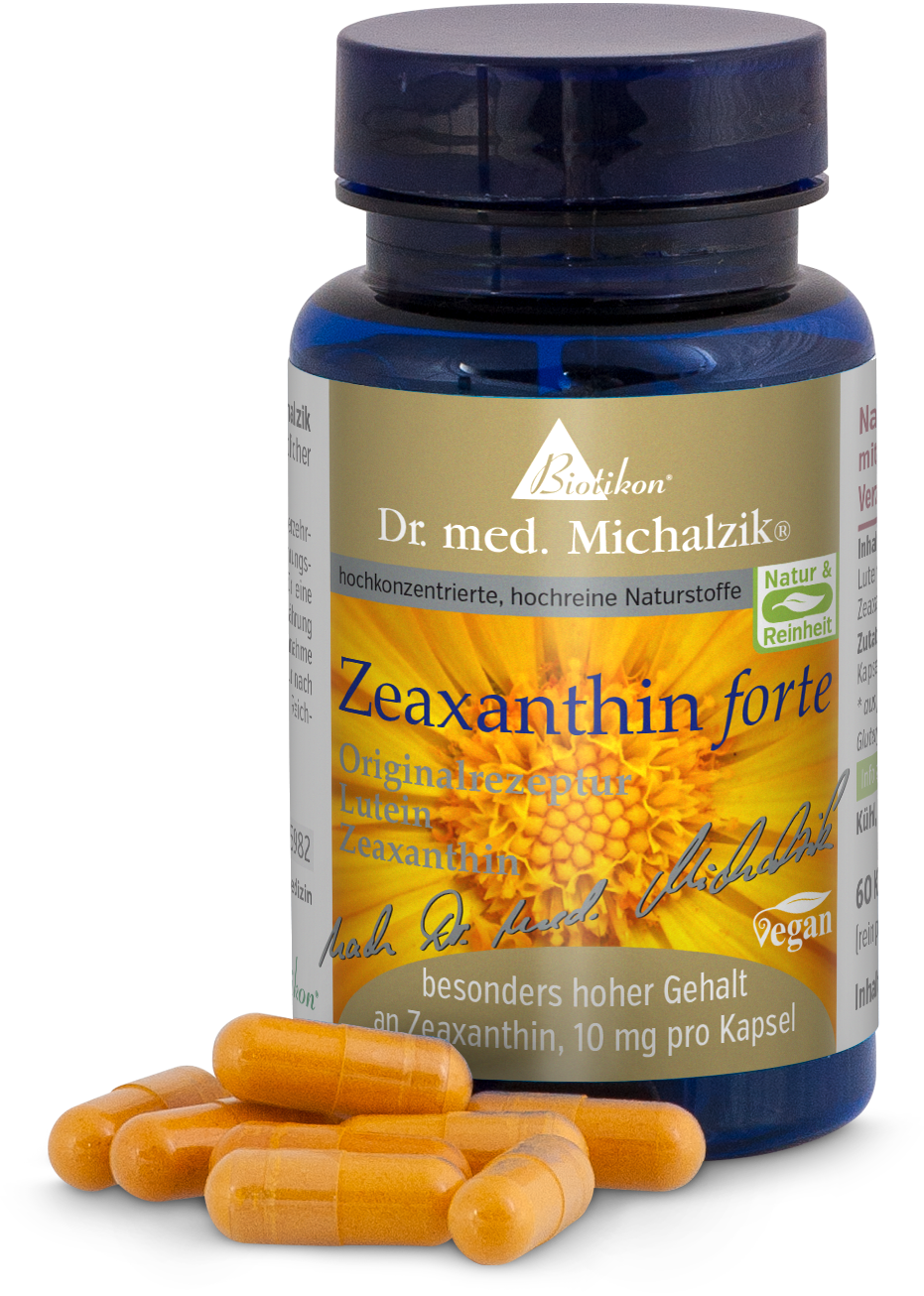 Zeaxanthin Forte 10 mg - Capsules Zeaxanthin Forte capsules, 60 pieces in a blue bottle, orange capsules.