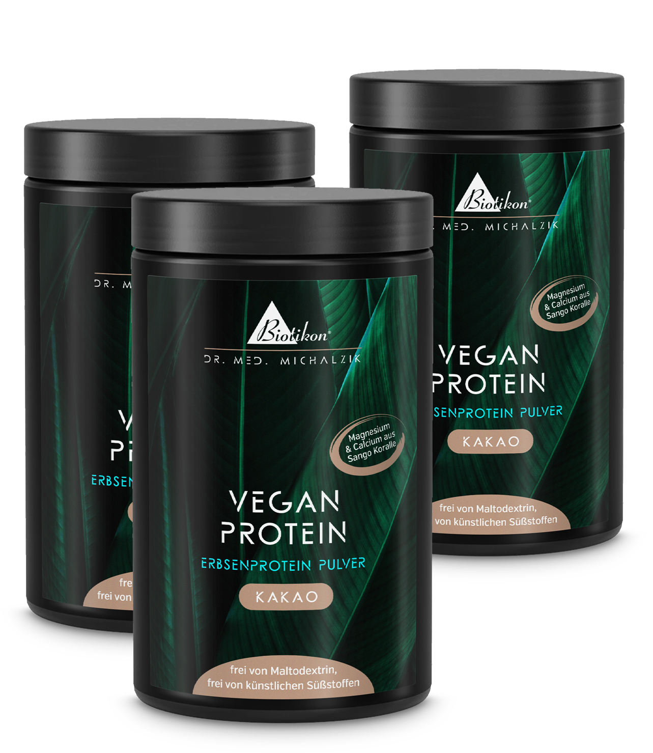 Three cans of cocoa plant protein powder, each 300 g, shown with a white design and brown label, front view.