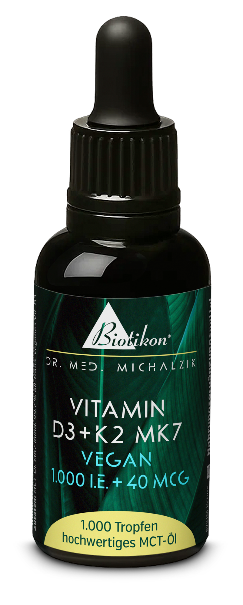 Dropper bottle with 1000 drops of Vitamin D3 and K2 MK7, black packaging, clearly visible.