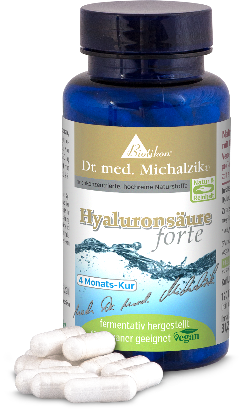 Hyaluronic Acid 120 Capsules - 4 Month Supply Blue bottle containing 120 vegan hyaluronic acid capsules, fermented, front and top view.