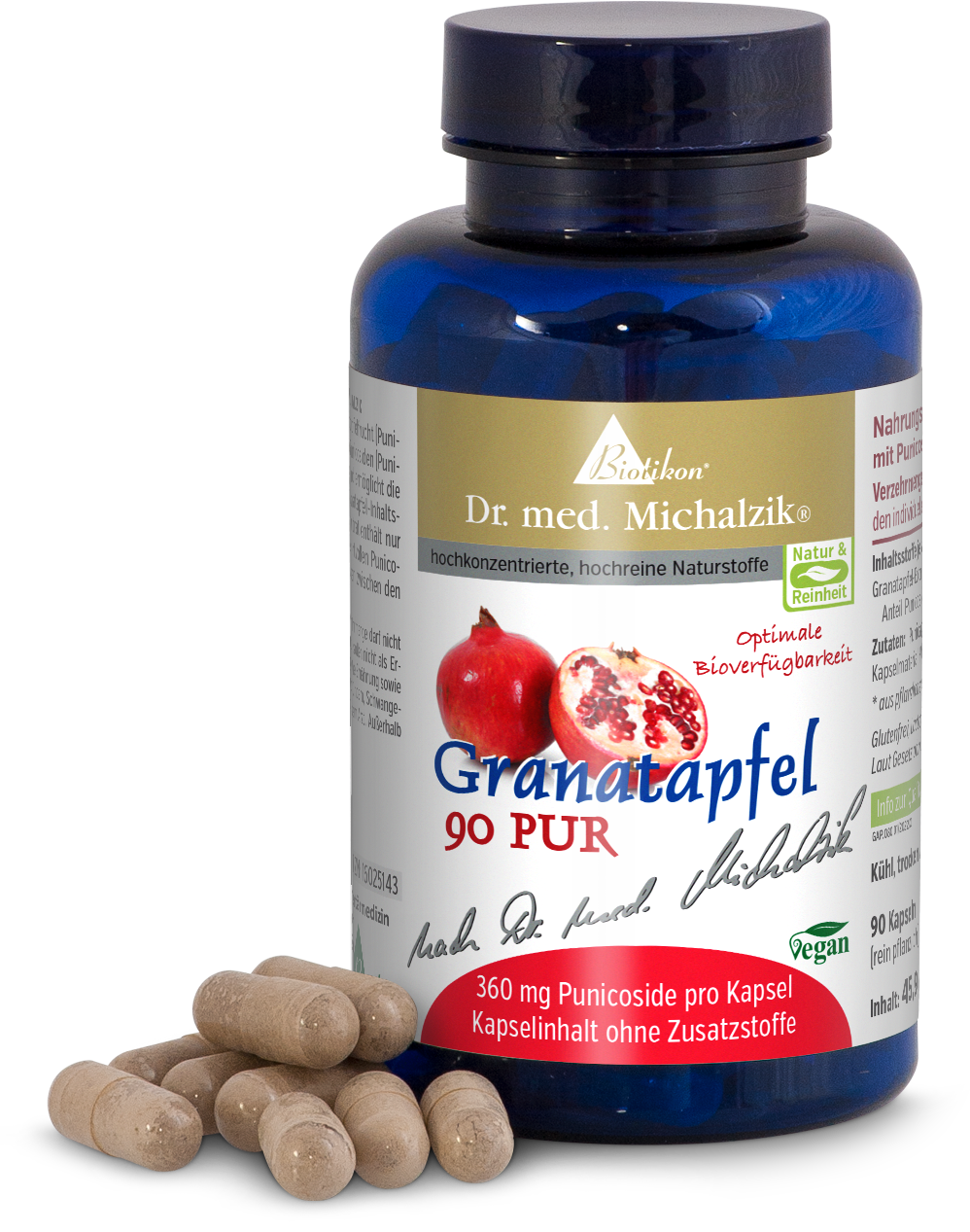 Pomegranate 360 mg - 90 Capsules Blue bottle of pomegranate capsules, 90 pieces, with visible beige capsules, vegan.