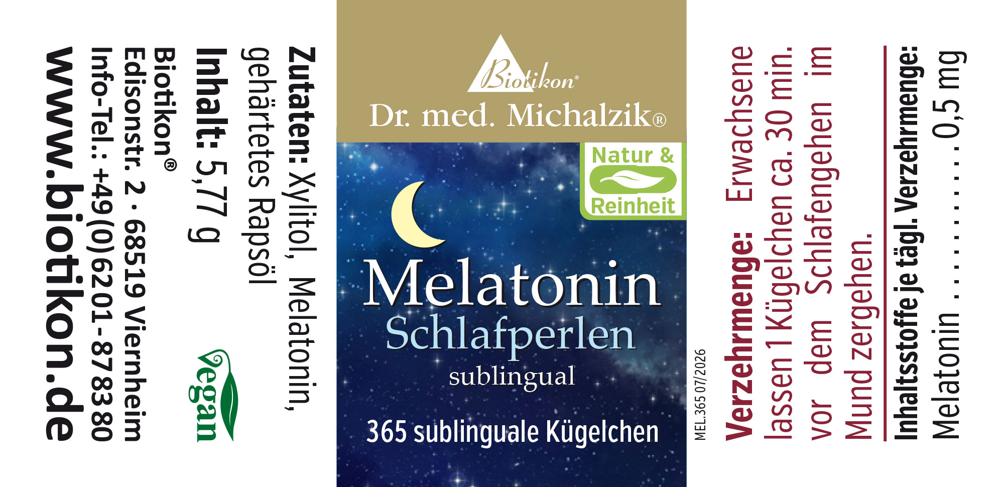 Packaging with 365 sublingual tablets, blue design with moon motif, vegan, 0.5 mg melatonin per tablet.