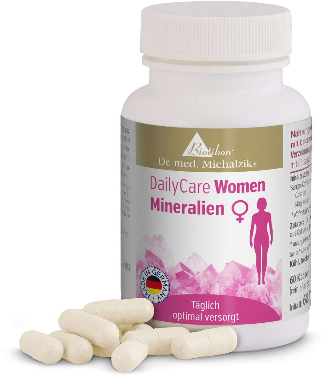 Mineral Capsules 60 Pieces – DailyCare Women DailyCare Women mineral capsules, 60 white capsules in a plastic bottle, view of packaging and capsules.