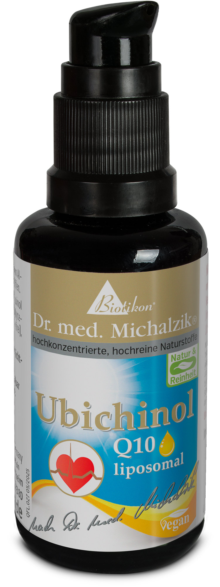 Ubiquinol Q10 – 50 ml Liposomal Liposomal Ubiquinol Q10 in a black bottle, 50 ml, with pump closure.