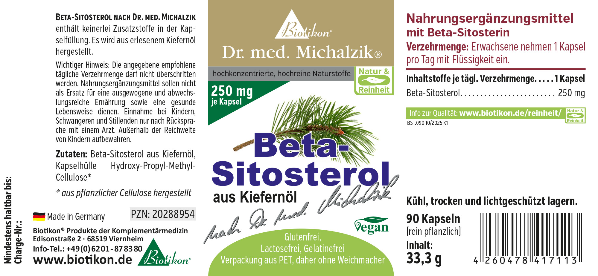 90 capsules of beta-sitosterol from pine, vegan packaging, 250 mg per capsule.
