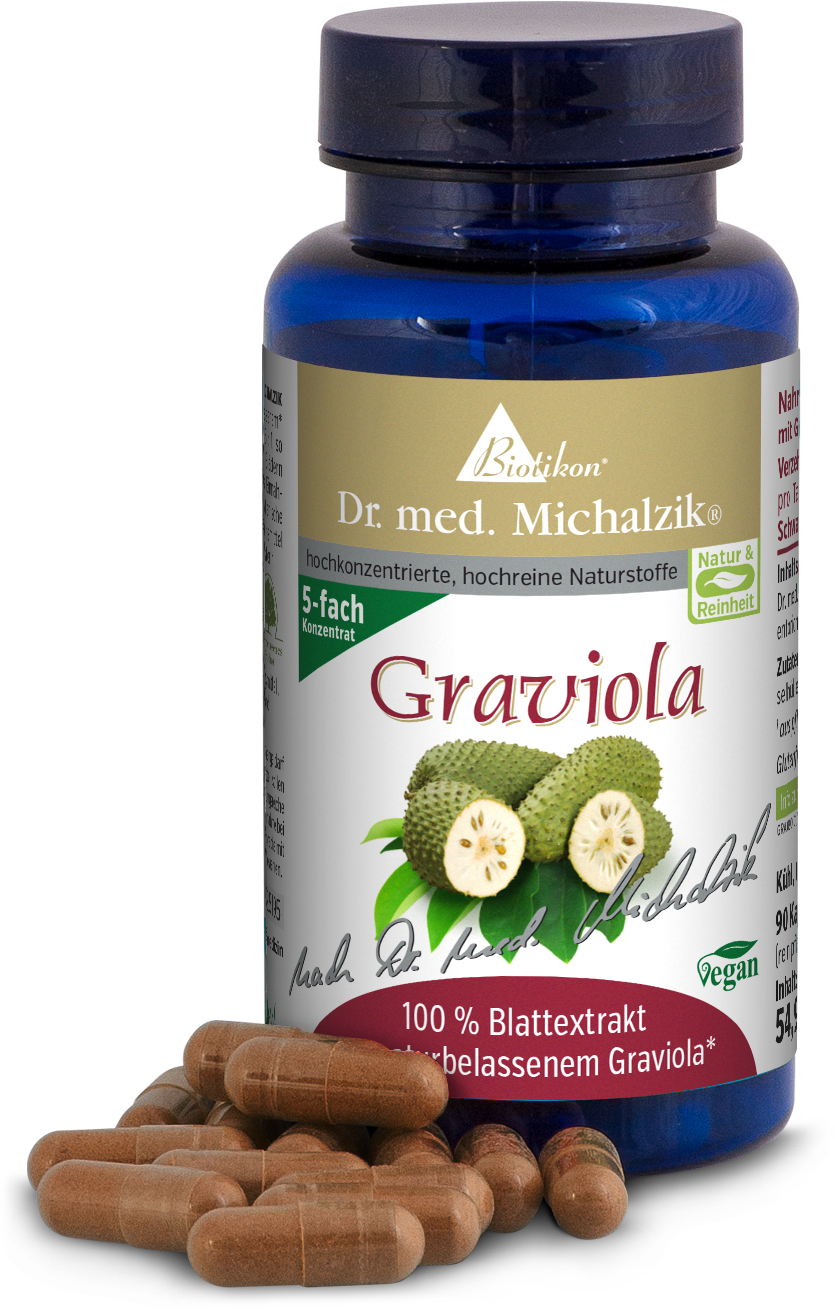 Graviola 100% Leaf Extract - Capsules Graviola capsules with 100% leaf extract, 90 pieces in blue bottle, brown capsules.