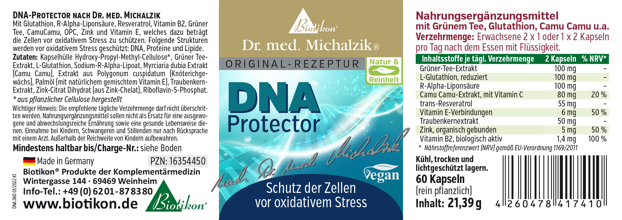 DNA Protector Label - 60 Capsules 60 capsules in packaging, green and blue design, displayed on a white background.