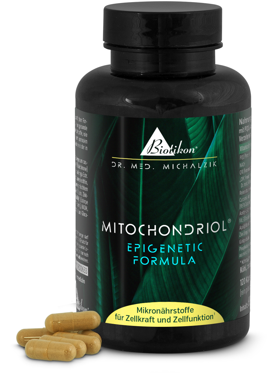 Mitochondriol 120 Capsules – Epigenetic Formula Mitochondriol capsules in a black bottle, 120 visible lightweight capsules with a green leaf design.