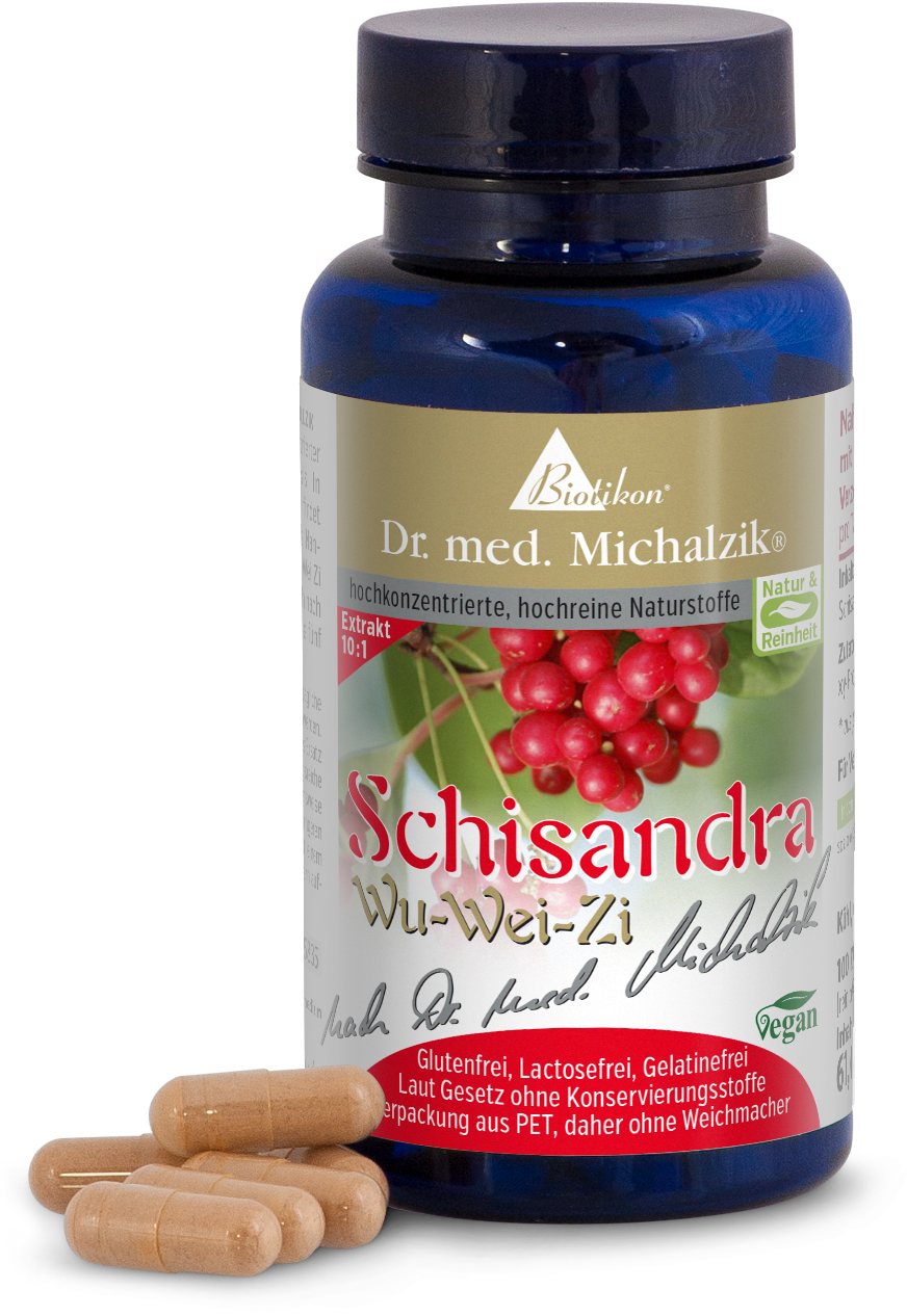 Schisandra Wu-Wei-Zi - 100 Capsules Blue bottle with 100 Schisandra Wu-Wei-Zi capsules, natural colored capsules, front view.