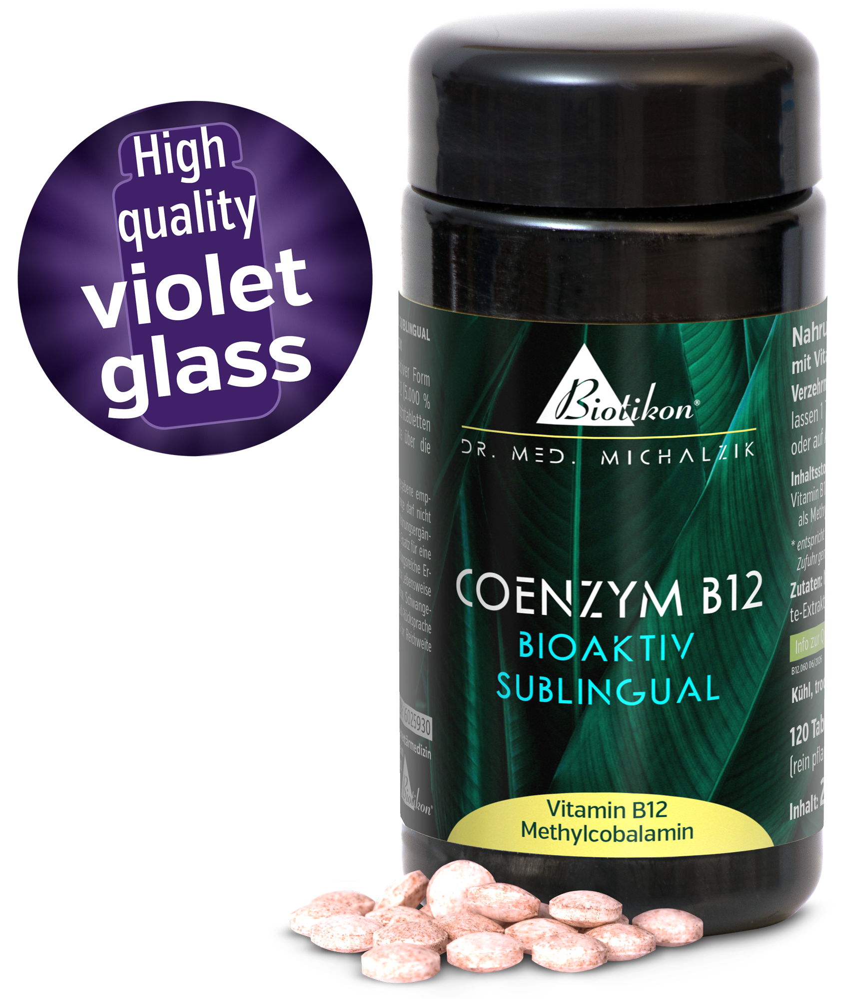Vegan Coenzyme B12 in high dosage, sublingual tablets in a premium purple glass container, featuring pink tablets.
