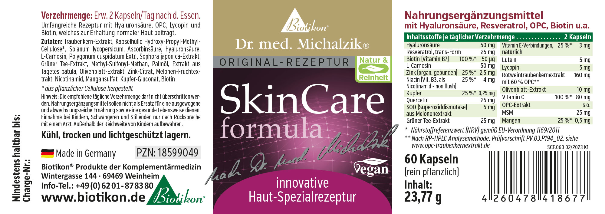 SkinCare Formula – 60 Capsules Dietary supplement in capsules, packaging with 60 capsules, vegan, made in Germany.