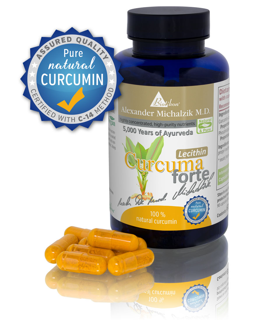 Curcumin Forte 90 Capsules - 100% Natural Bottle of 90 Curcumin Forte capsules in yellow, with a blue cap and quality seal.