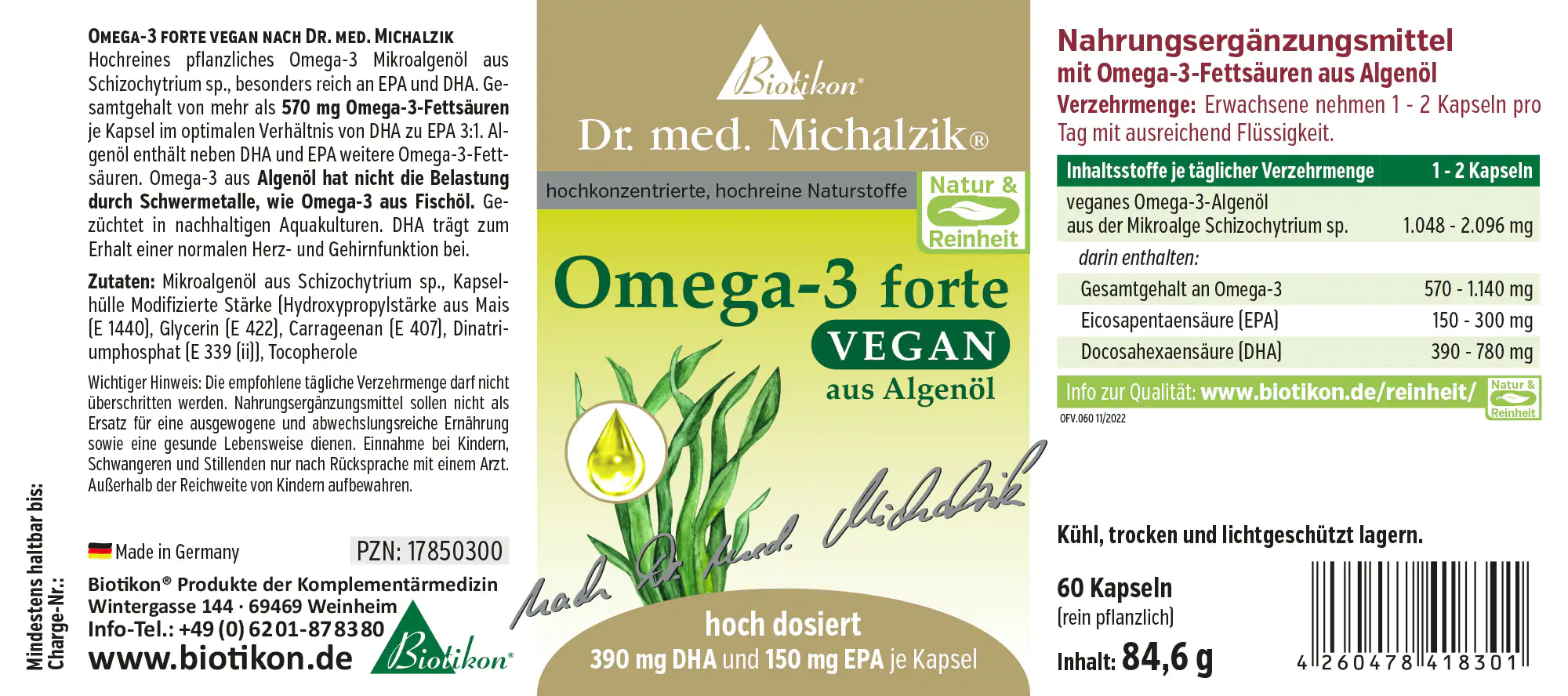 Omega-3 Forte Vegan 390 mg DHA – Capsules Omega-3 fatty acids from algal oil, 60 vegan capsules in packaging, green-yellow, side view.