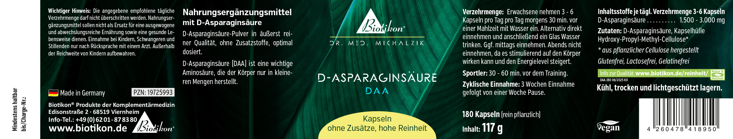 D-Aspartic Acid – 180 Capsules Capsules containing D-Aspartic Acid, 180 pieces, green packaging, front view.