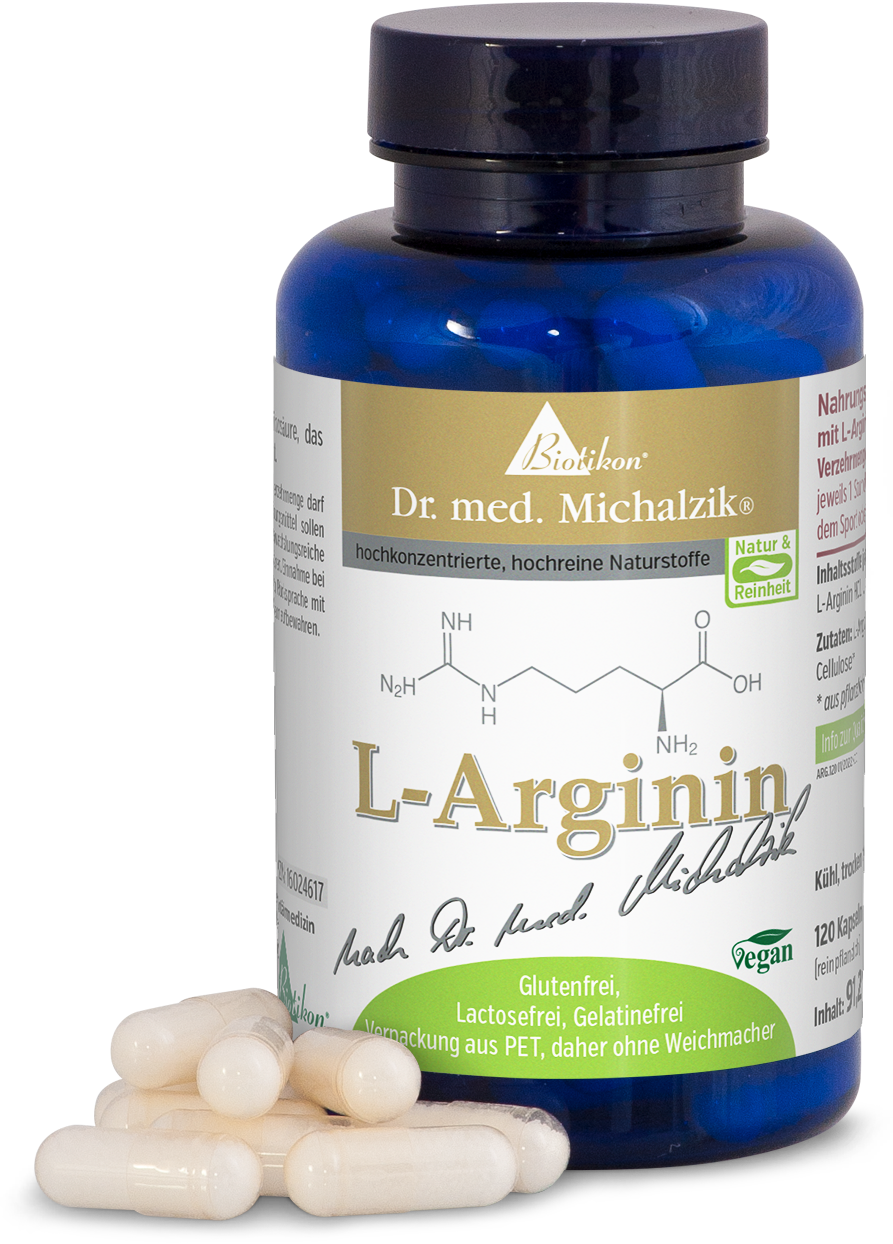 L-Arginine 120 Capsules – Dietary Supplement Blue bottle with L-Arginine capsules, 120 pieces, vegan, gluten-free, lactose-free.