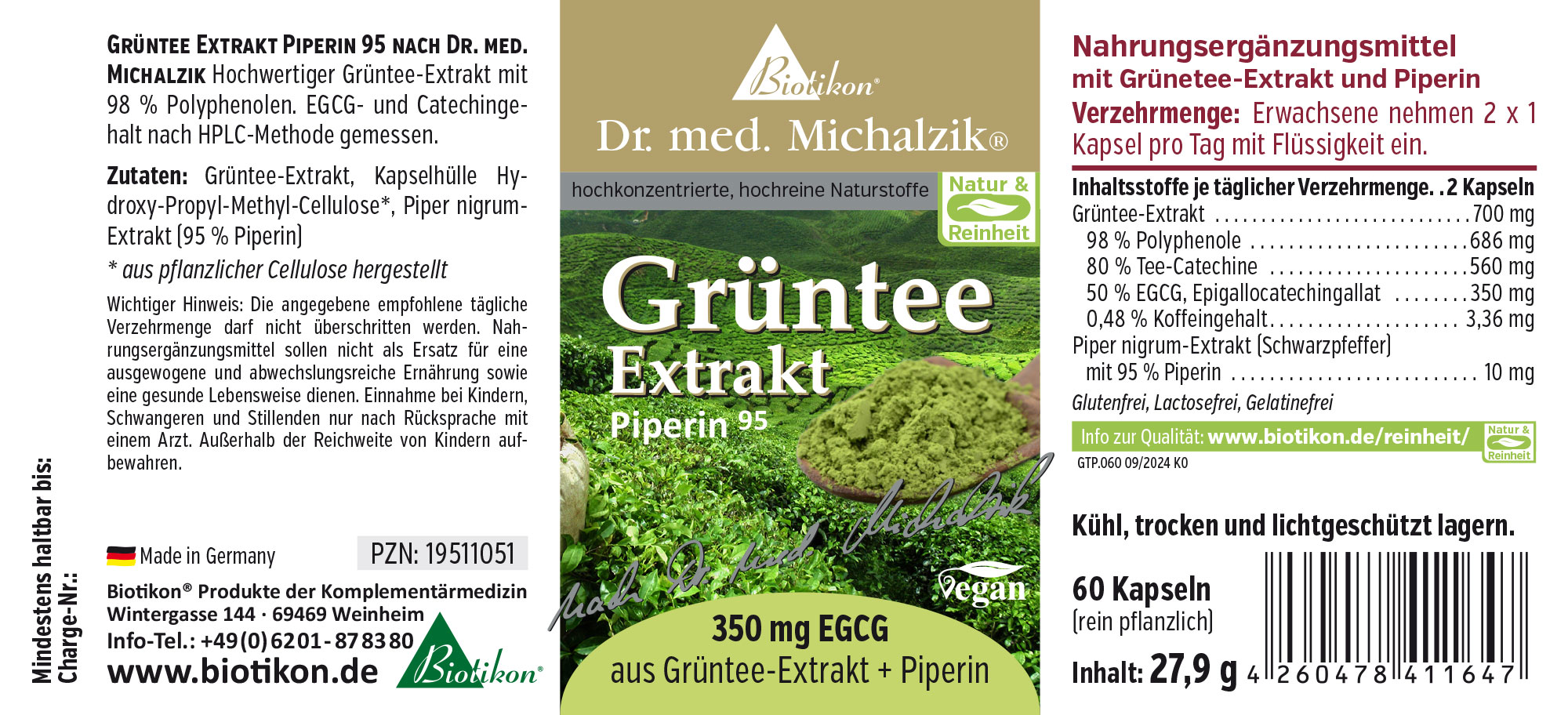 Green tea extract with piperine, 60 capsules in packaging, green color, side view.