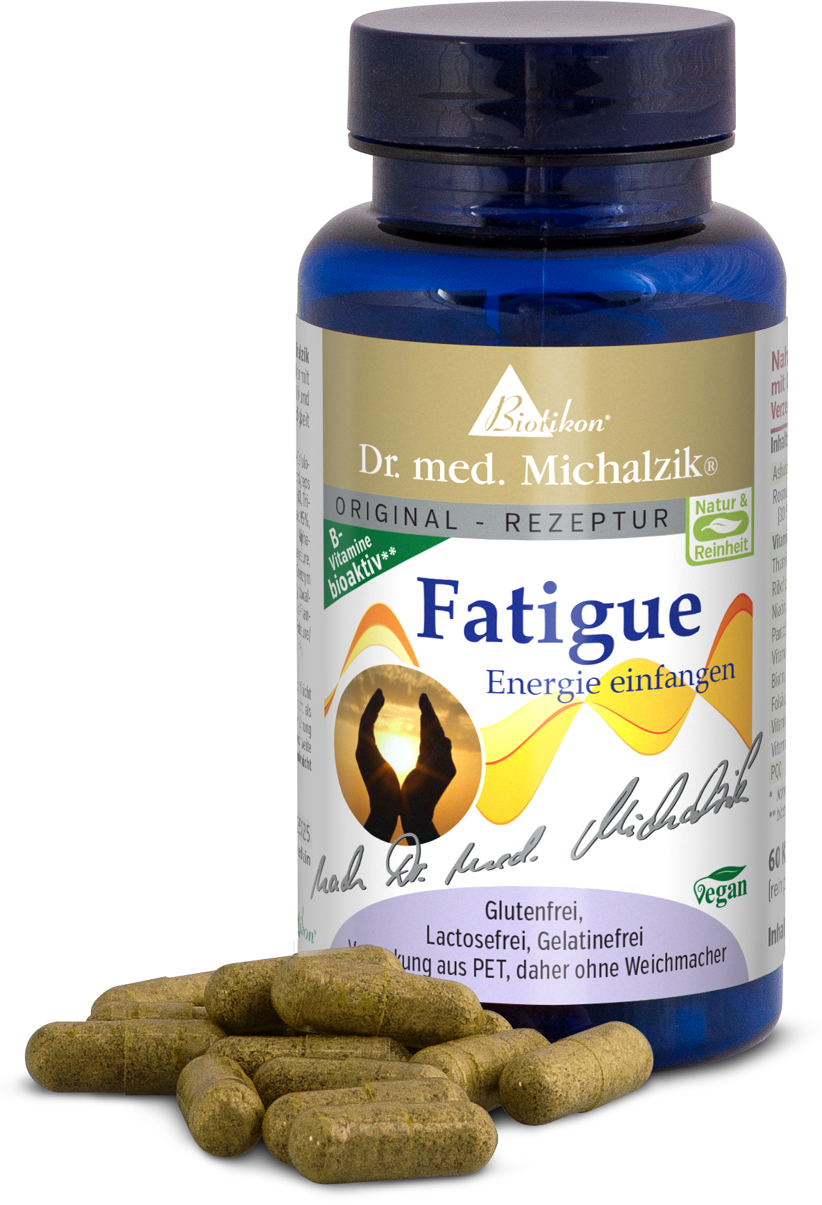 Fatigue B Vitamins - 60 Capsules Brown capsules in a blue bottle, 60 pieces, gluten-free, vegan.